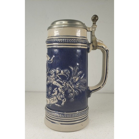 Vintage Original Gerzit Lidded German Stoneware Beer Stein Cobalt Blue Pewter - Picture 2 of 14
